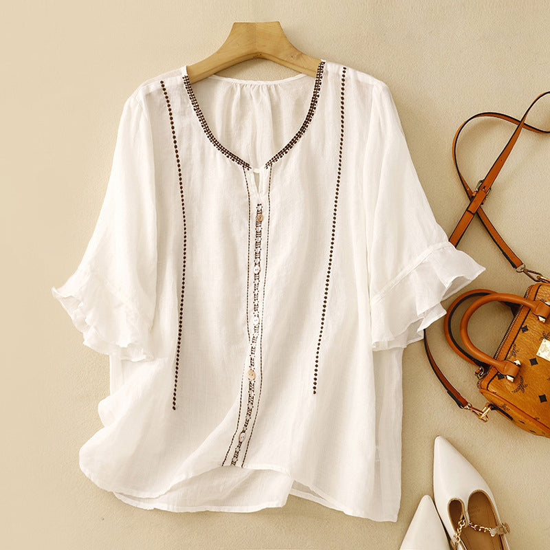 Cardydony Women's Retro Five-sleeve Pure Cotton Linen T-shirt