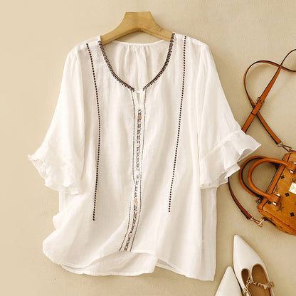 Cardydony Women's Retro Five-sleeve Pure Cotton Linen T-shirt