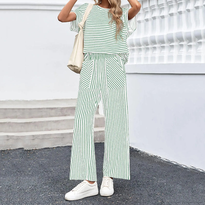Cardydony Striped Short Sleeve T-shirts Wide Leg Pants Two Piece Set
