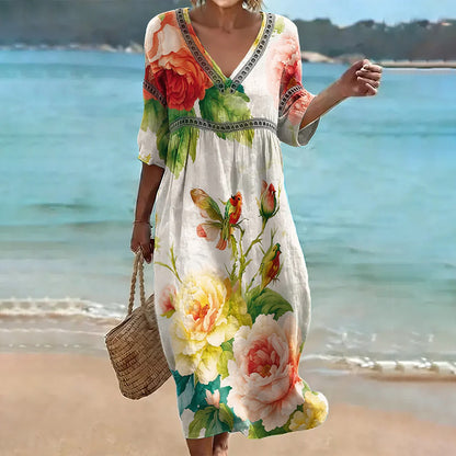 Cardydony Women's Folk Floral Art Pattern Linen Blend Loose Three-quarter Sleeve V Neck Dress