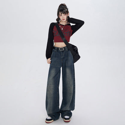 Cardydony Women's Vintage High-Waisted Wide-Leg Jeans with Pocket Detail