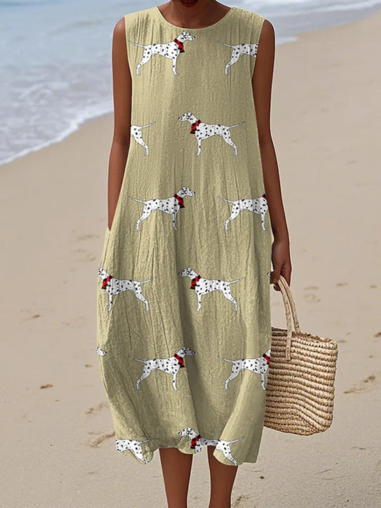 Cardydony Retro Cute Dog Art Linen Tank Midi Dress