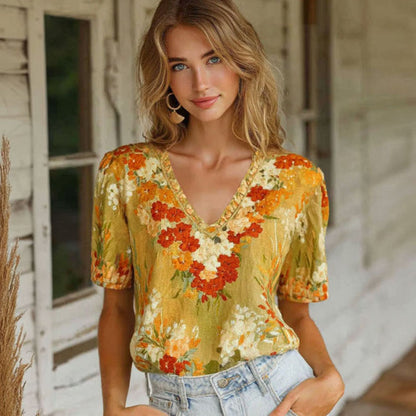 Cardydony Women's Retro Floral Art Cotton Linen V-neck Short-sleeve T-shirt