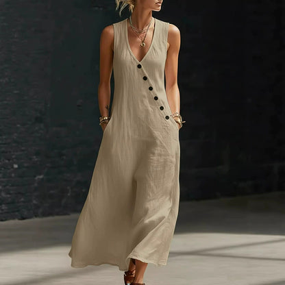 Cardydony Women's Retro Casual Button Design Linen Blend Maxi Dress