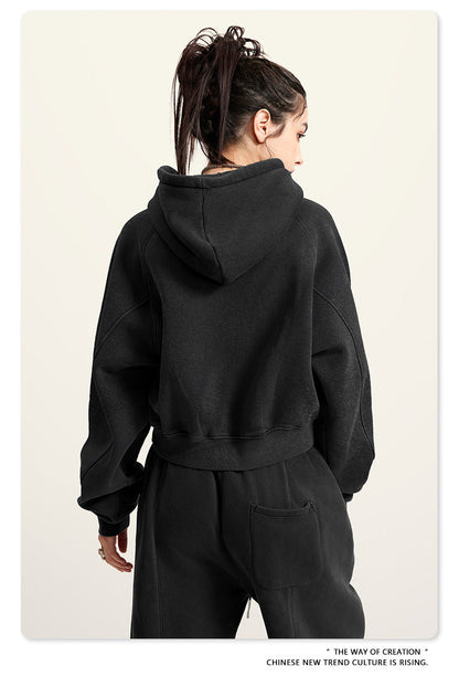 Cardydony Women's Vintage Print Cropped Hoodie | Y2K Washed Black