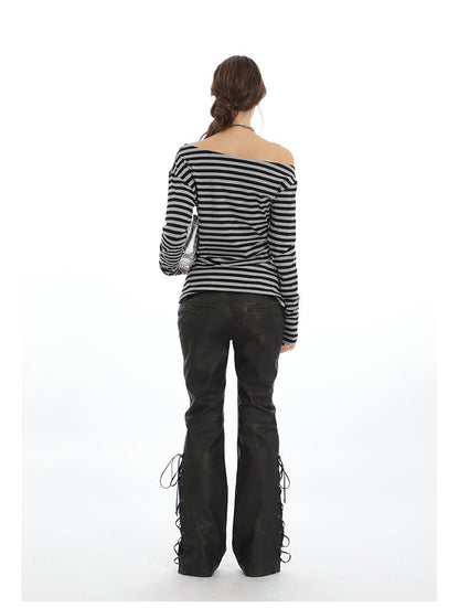 Cardydony Women's Off-Shoulder Striped Top | Cotton Long Sleeve Casual Tee