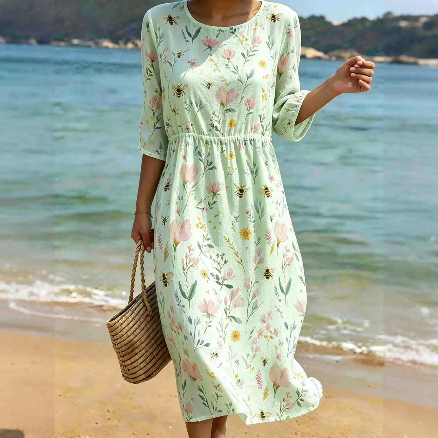 Cardydony Women's Vintage Bohemian Floral Bees Print Round-neck Mid-sleeve Linen Dress