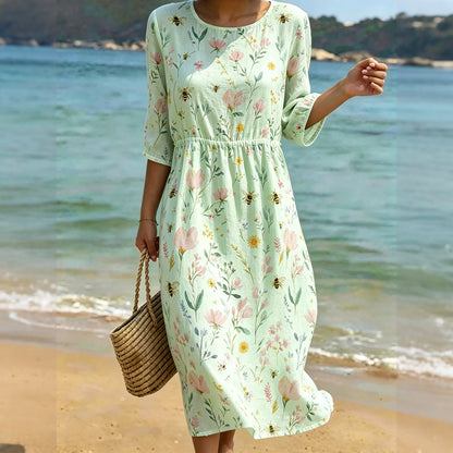 Cardydony Women's Vintage Bohemian Floral Bees Print Round-neck Mid-sleeve Linen Dress