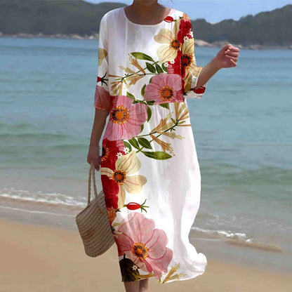 Cardydony Women's Retro Floral Art Pattern Linen Blend Loose Three-quarter Sleeve Dress
