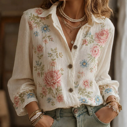 Cardydony Women's Retro Bohemian Floral Pattern Casual Linen Shirt