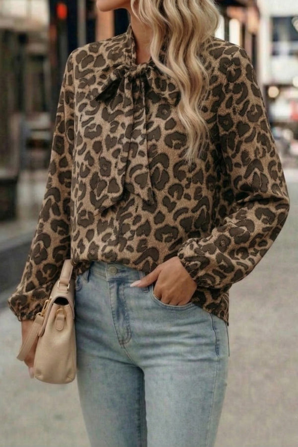 Cardydony Women's  Leopard Print Bow Collar Long-sleeved Loose Shirt