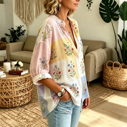 Cardydony Women's Floral Patchwork Art Print Long Sleeve Shirt
