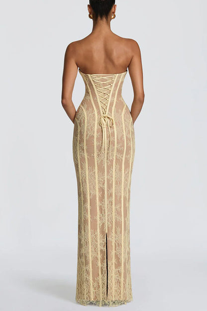 Cardydony Women's Summer Colour Sian Floral Lace Contrast Structural Detail Back Lace-up Strapless Slit Maxi Dress