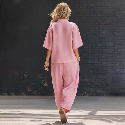 Cardydony Casual Solid Color V-neck Loose Short-sleeved Top And Trousers Two-piece Set