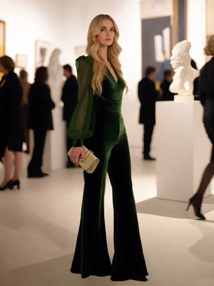 Cardydony Retro Elegant V Neck Velvet Jumpsuit
