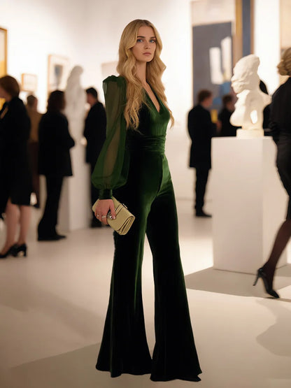 Cardydony Retro Elegant V Neck Velvet Jumpsuit