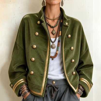 Cardydony Women's Fall Winter Cozy Napoleonic Stand-up Collar Gold Trim Double-breasted Button Corduroy Jacket