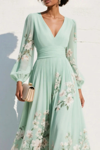 Cardydony Women's  Floral Print V-neck Long-sleeved Fitted Waist Casual Maxi Dress