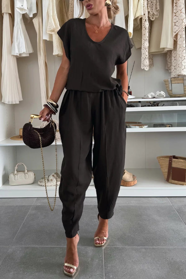 Cardydony Women's  Linen Blend Solid Color V-neck Short-sleeved Top and Elastic Waist Pocket Bloomers Pants Set