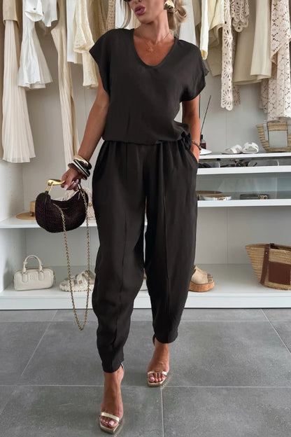Cardydony Women's  Linen Blend Solid Color V-neck Short-sleeved Top and Elastic Waist Pocket Bloomers Pants Set
