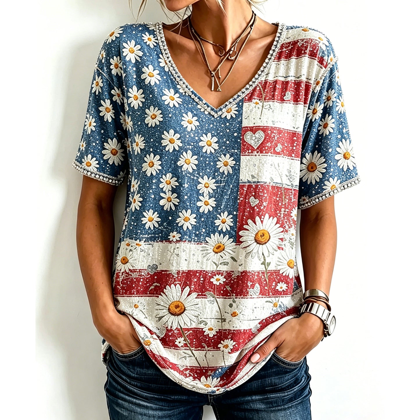 Cardydony Women's Independence Day With Daisy Printed V Neck Casual Tops