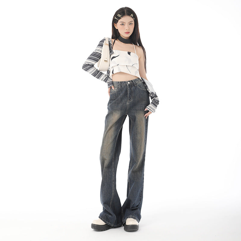 Cardydony Women's Retro High-Waisted Flared Jeans in Vintage Blue