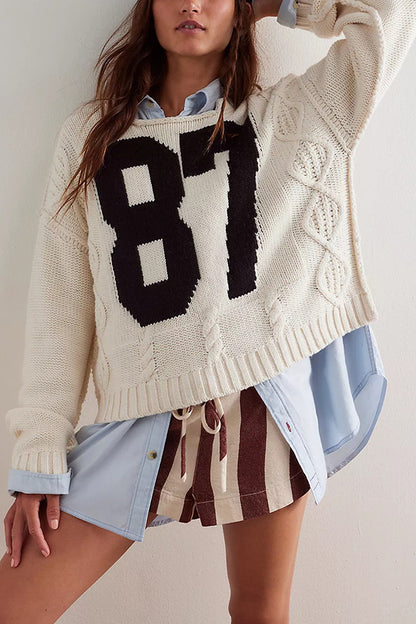 Cardydony Women's Fashionable Digital Jacquard Loose Long-sleeved Knit Sweater
