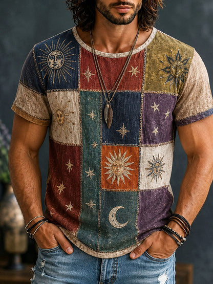 Cardydony Men's Hippie Mystery Patchwork Sun Face And Moon Boho Art Print Short Sleeve T-shirt