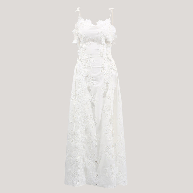 Cardydony Women's Delicate Lace Hook And Lace Up Sides Maxi Dress