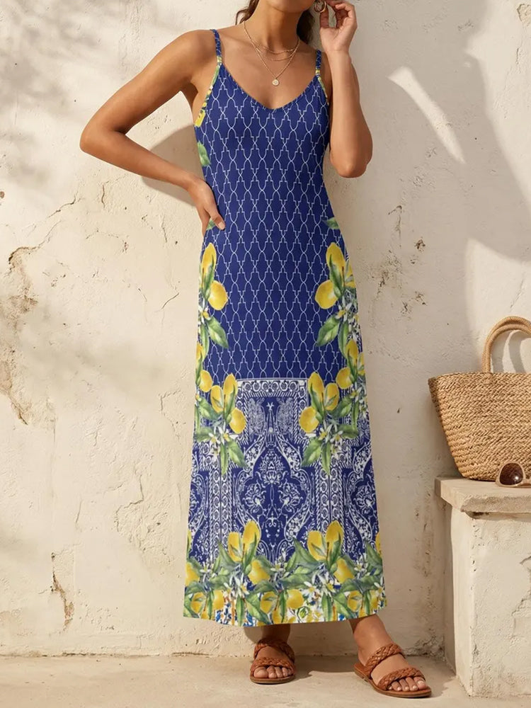 Cardydony Satin Sicilian Lemon Tile Sleeveless Maxi Dress