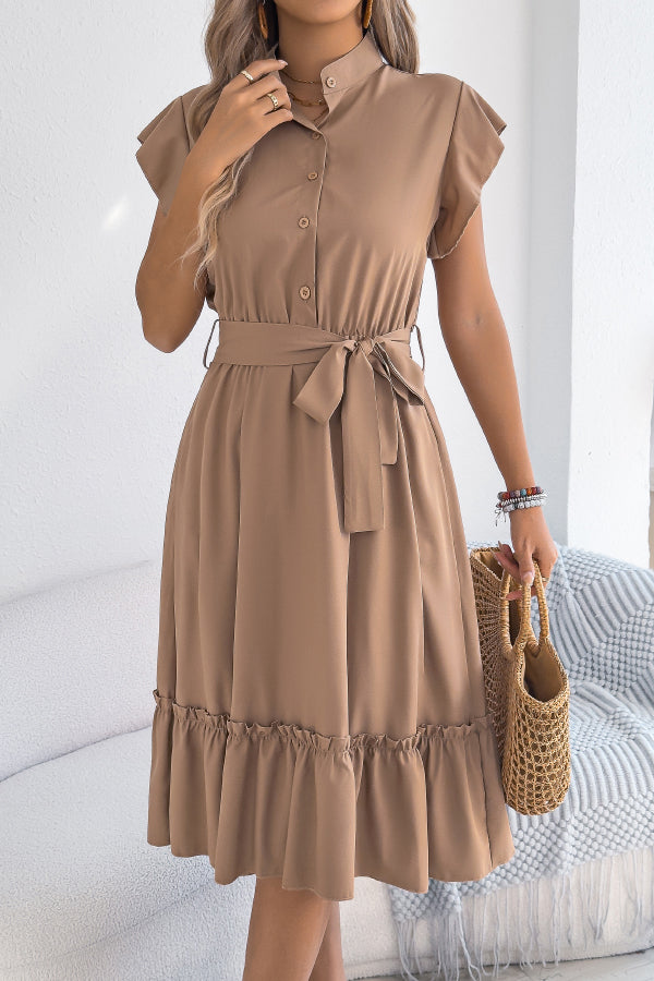 Cardydony Women's Solid Color Stand Collar Button Waist Tie Casual Midi Dress