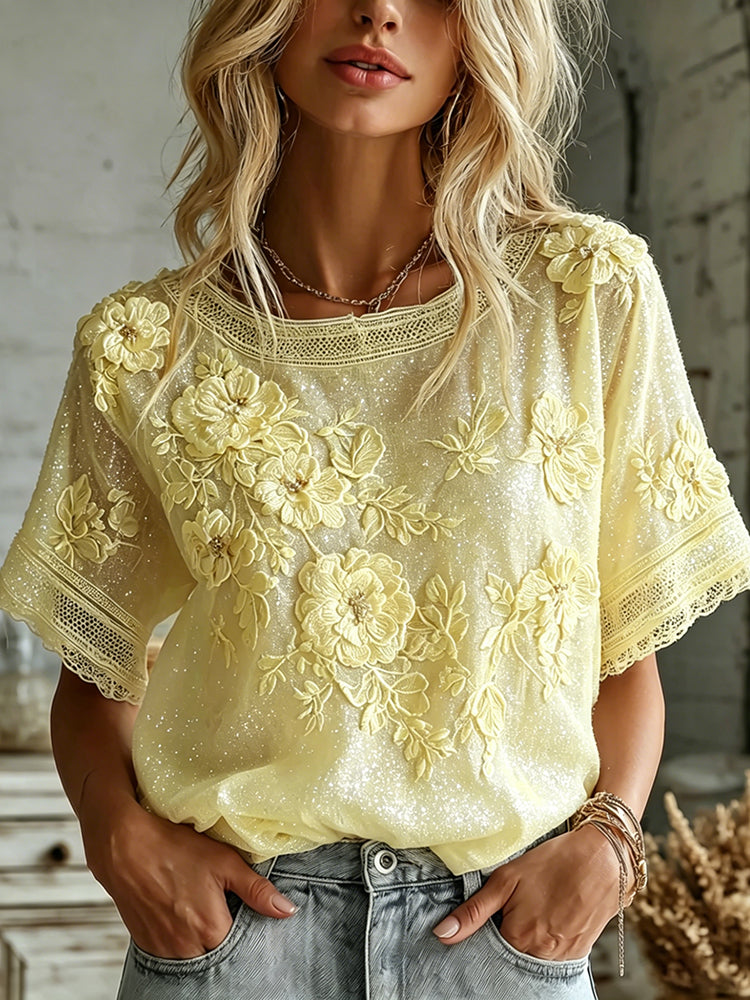Cardydony Women's Vintage Summer Romantic Yellow Rose Art Linen Blend Short Sleeve Tops