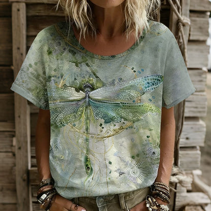 Cardydony Women's Vintage Dragonfly Art Print Flowy Short Sleeve Tshirt