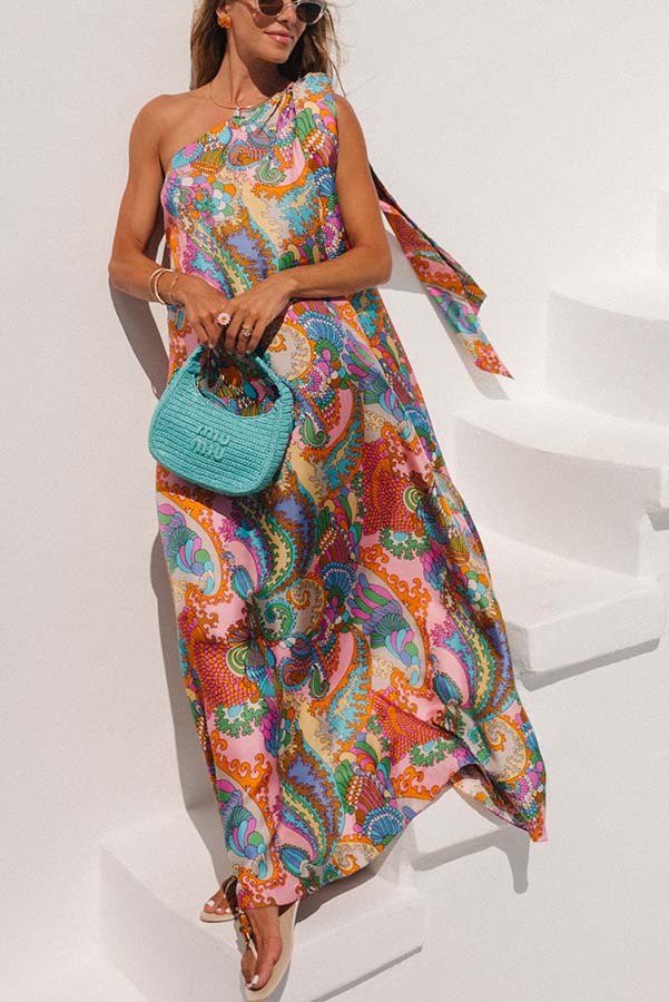 Cardydony Women's Rainbow Breeze Satin Unique Print Bow One Shoulder Loose Maxi Dress