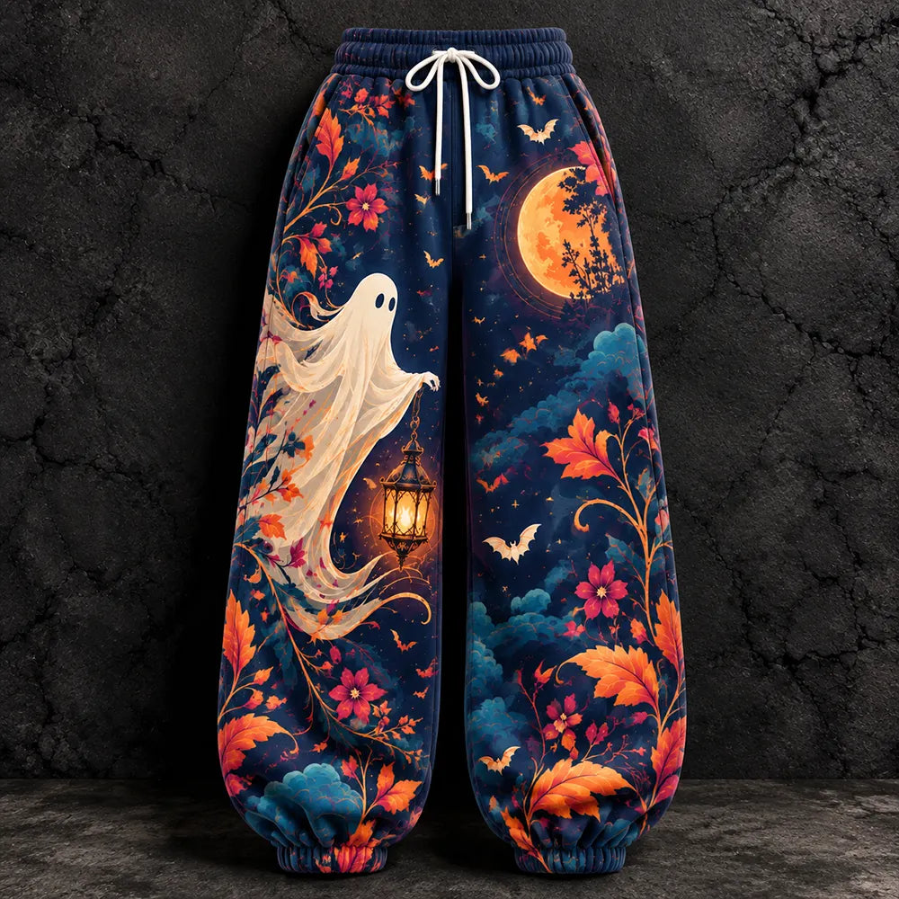 Cardydony Women's Ghost, Lantern, Moon And Fall Leaves Pattern Casual Sweatpants