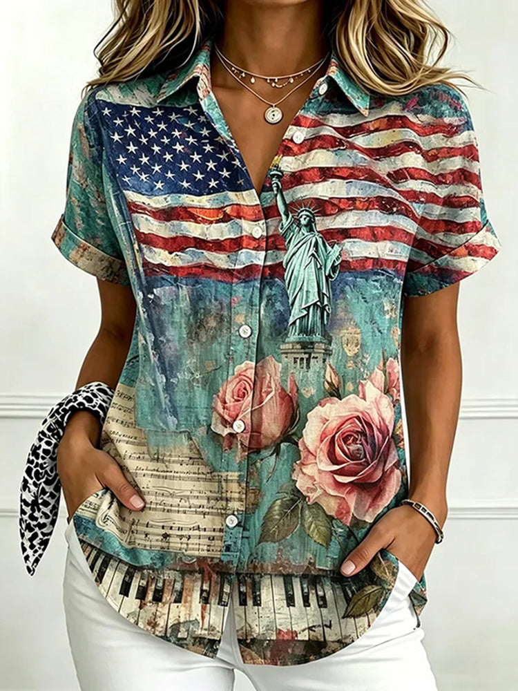 Cardydony Women's Vintage Independence Day Art Print Short Sleeve Shirt