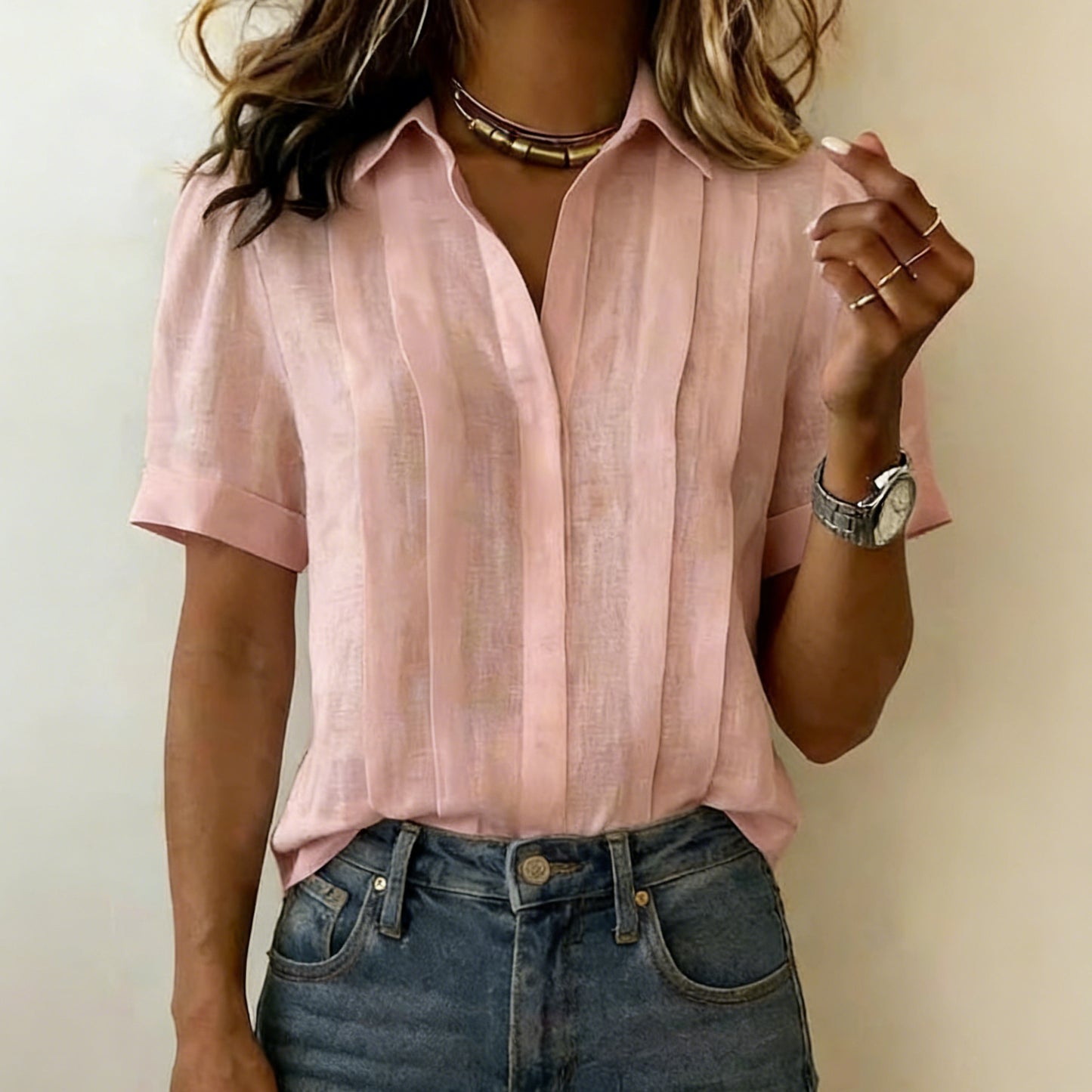 Cardydony Loose Lapel Short Sleeve Pleated Cotton Shirt