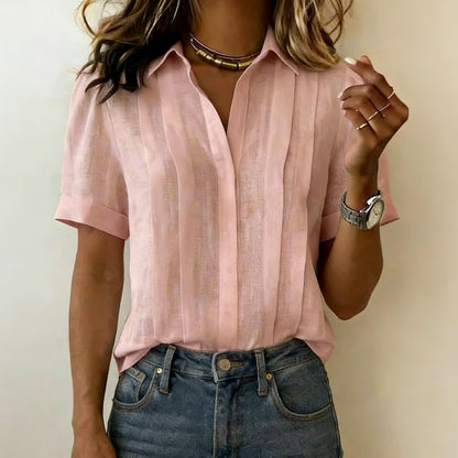 Cardydony Loose Lapel Short Sleeve Pleated Cotton Shirt