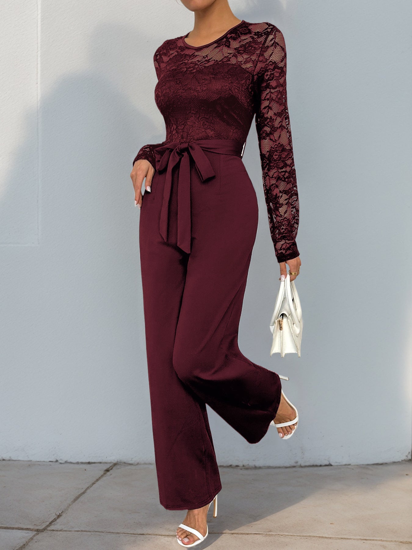Cardydony Women's Lace Sleeve Jumpsuit | High Waist Wide Leg One-Piece