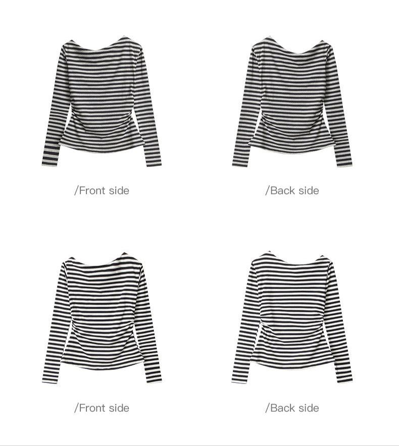 Cardydony Women's Off-Shoulder Striped Top | Cotton Long Sleeve Casual Tee