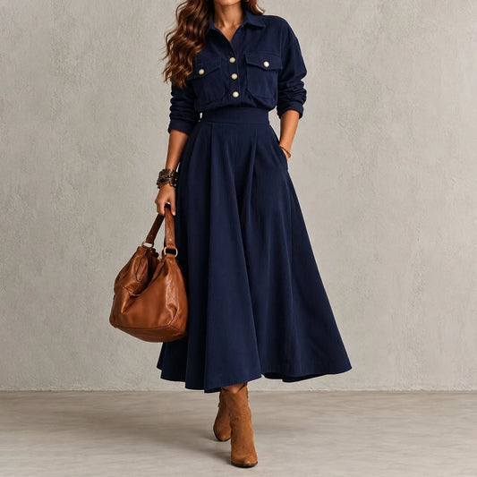 Cardydony Women's Vintage Relaxed Fit Button Shirt and A-Line Maxi Skirt Set