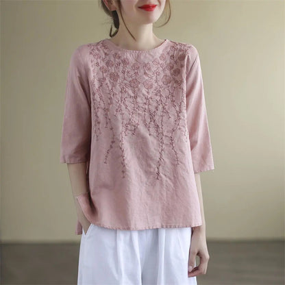 Cardydony Heavily Embroidered Floral Loose-fit Crewneck Top