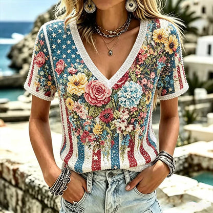 Cardydony Women's Us Anniversary Floral Art Casual Short Sleeve Top