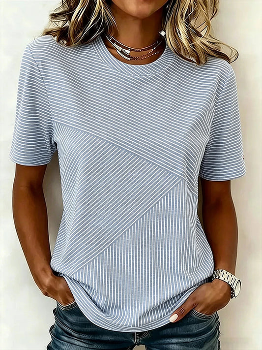 Cardydony Women's Striped Pattern Casual Crew Neck T-shirt