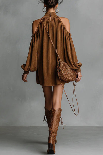Cardydony Women's Stylish Off-shoulder Lantern-sleeved Suede Loose Mini Dress