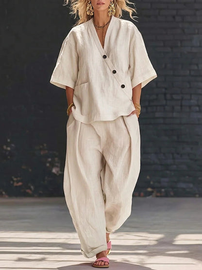 Cardydony Casual Solid Color V-neck Loose Short-sleeved Top And Trousers Two-piece Set