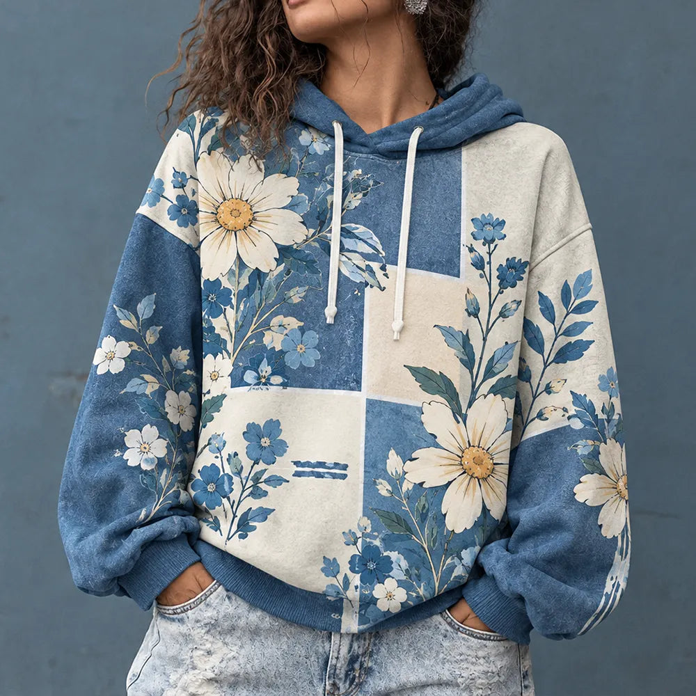 Cardydony Women's Casual Colorblock Patchwork Daisy Floral Print Hoodie