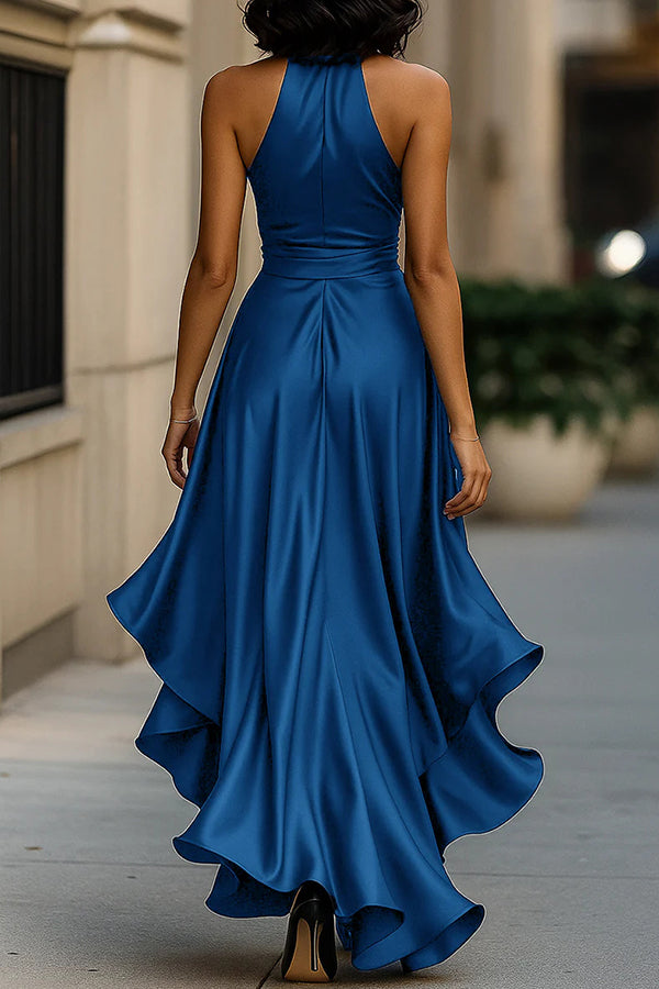 Cardydony Women's Solid Color Satin V-neck Sleeveless Elegant Ruffle Maxi Dress