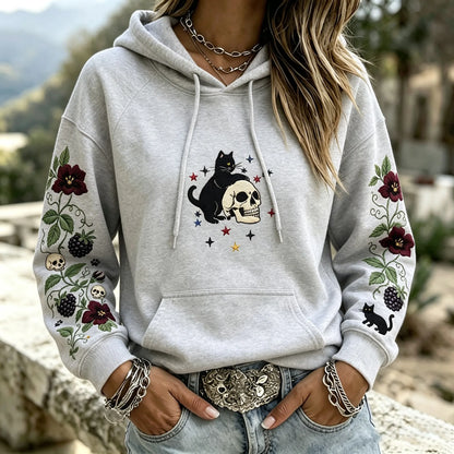 Cardydony Women's Witchy Patriotic Black Cat Skull Floral Graphic Print Hoodie