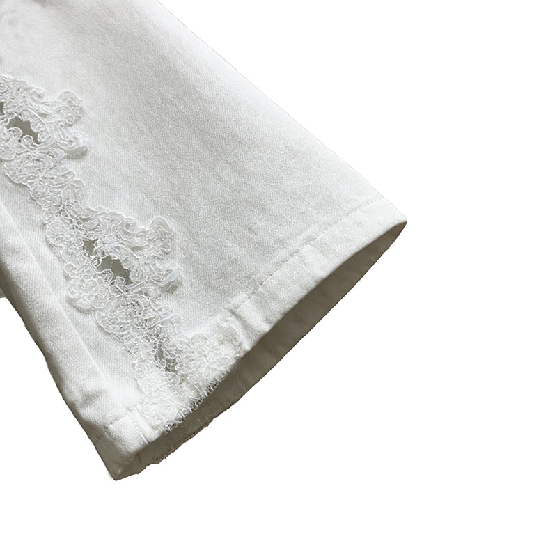 Cardydony Vintage Bohemian Lace-paneled Distressed Washed Denim Jeans